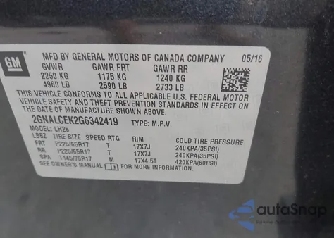 2016 Chevrolet Equinox Lt z USA, uszkodzony, nr VIN 2GNALCEK2G6342419